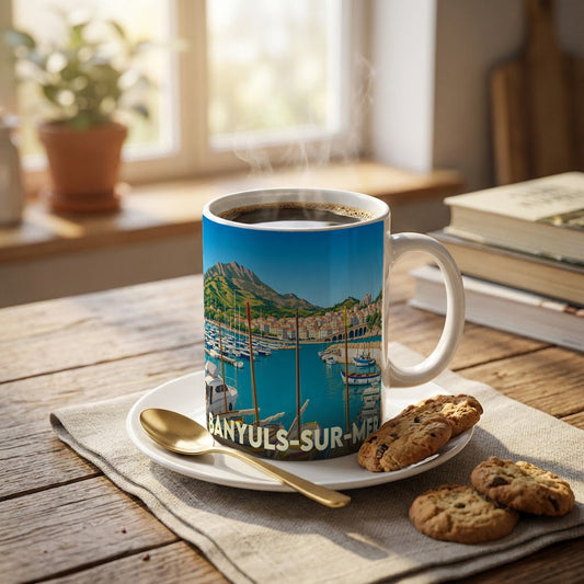 Mug souvenir de la ville de Banyuls-sur-Mer orné d'une illustration stylisée du port et des montagnes.