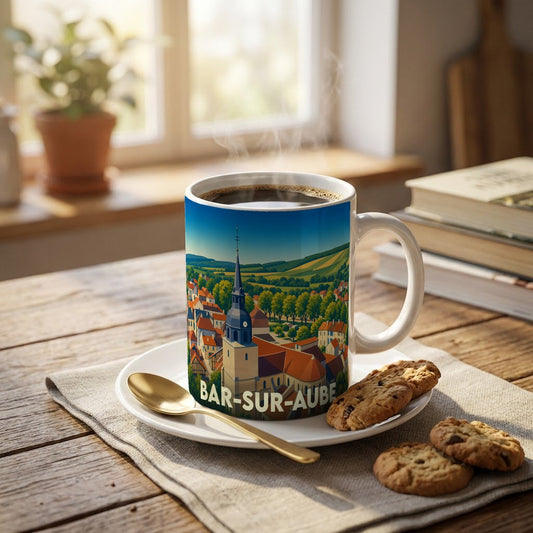 Mug souvenir de la ville de Bar-sur-Aube orné d'une illustration panoramique stylisée.