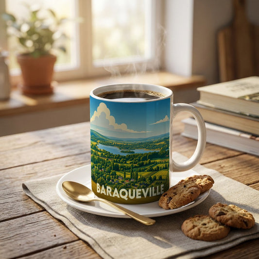 Mug souvenir de la ville de Baraqueville orné d'une illustration paysagère stylisée.