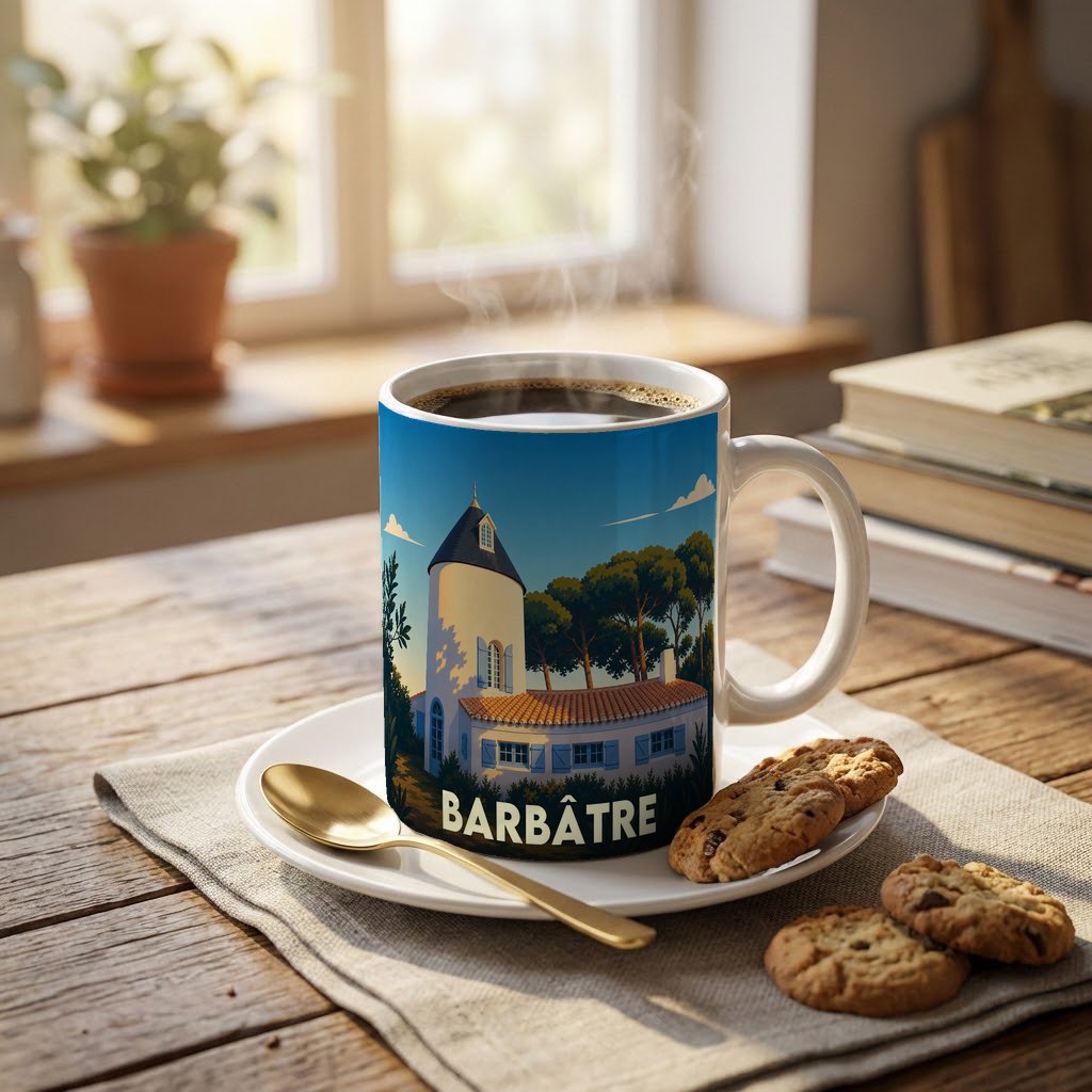 Mug souvenir de la ville de Barbâtre orné d'une illustration stylisée représentant un moulin et une maison côtière.