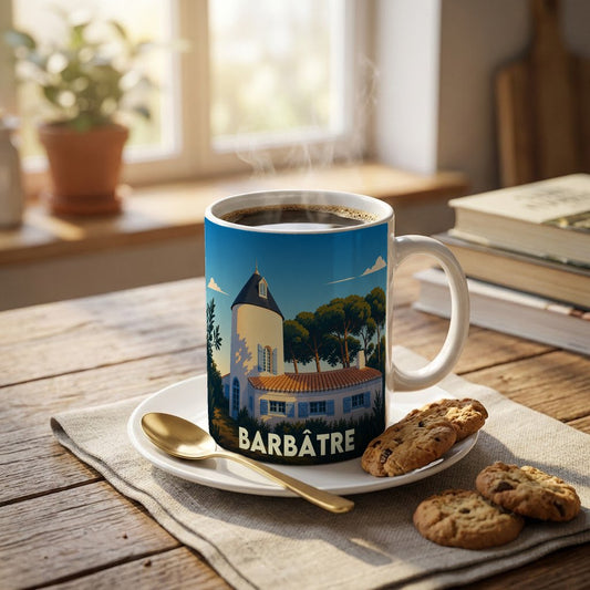 Mug souvenir de la ville de Barbâtre orné d'une illustration stylisée représentant un moulin et une maison côtière.