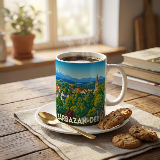 Mug souvenir de la ville de Barbazan-Debat orné d'une illustration stylisée de son paysage et de ses montagnes.