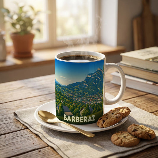 Mug souvenir de la ville de Barberaz orné d'une illustration paysagère stylisée.