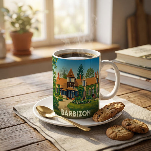 Mug souvenir de la ville de Barbizon avec une illustration stylisée d'une maison de campagne.
