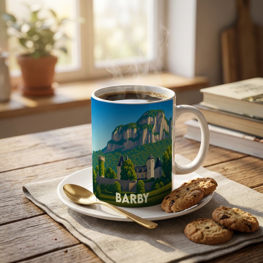 Mug souvenir de la ville de Barby avec une illustration stylisée représentant un château au pied des montagnes.