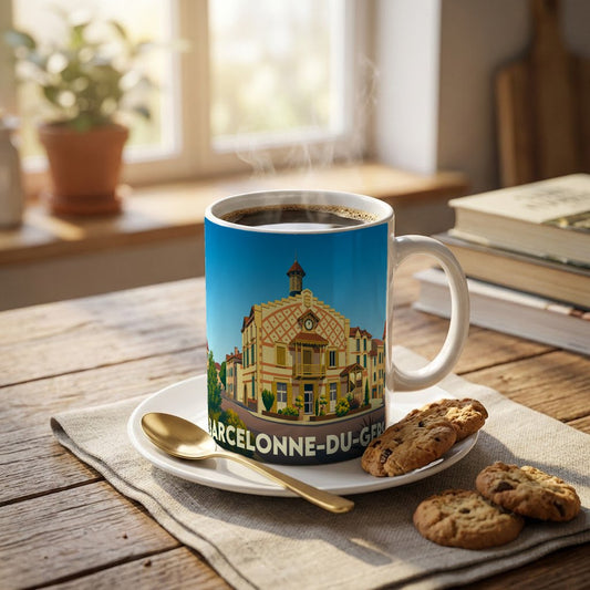 Mug souvenir de la ville de Barcelonne-du-Gers orné d'une illustration colorée et stylisée de sa mairie historique.