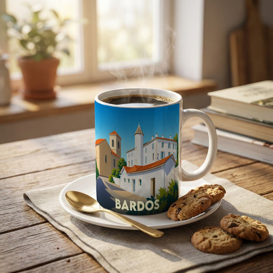 Mug souvenir de la ville de Bardos orné d'une illustration stylisée de ses bâtiments typiques.
