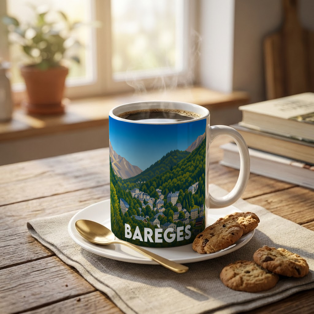 Mug souvenir de la ville de Barèges avec une illustration stylisée de montagne.