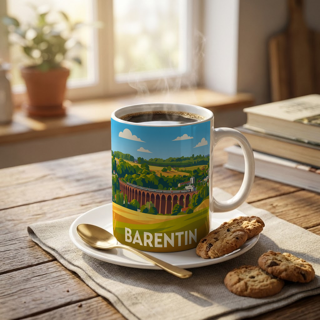 Mug souvenir de la ville de Barentin avec une illustration stylisée.