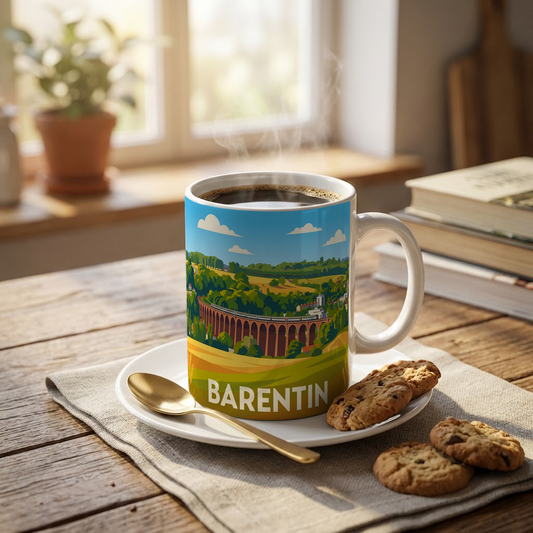 Mug souvenir de la ville de Barentin avec une illustration stylisée.
