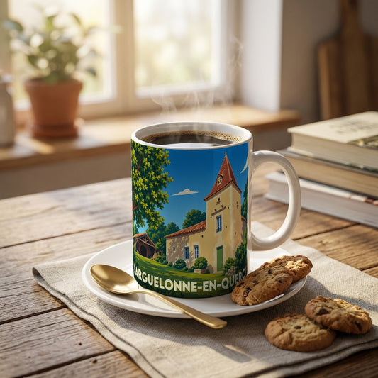 Mug souvenir de la ville de Barguelonne-en-Quercy avec une illustration stylisée de son patrimoine architectural.