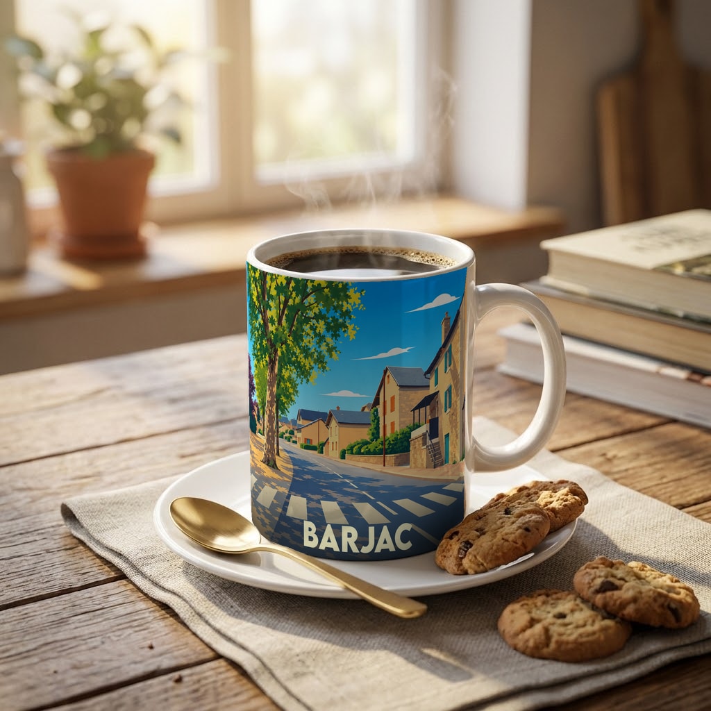 Mug souvenir de la ville de Barjac avec une illustration stylisée d'une rue ensoleillée.