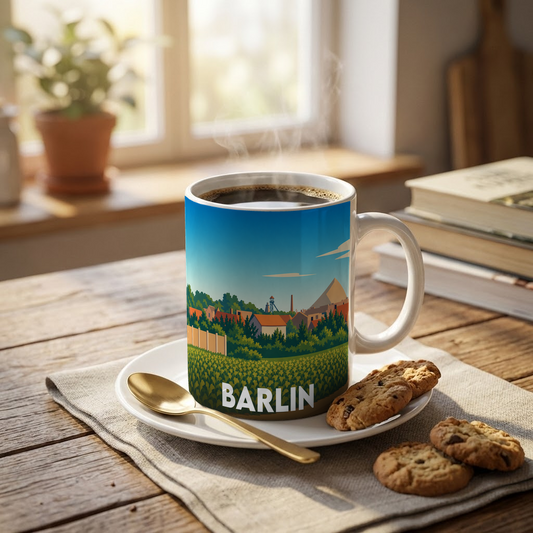 Mug souvenir de la ville de Barlin avec une illustration stylisée de son paysage urbain et minier.