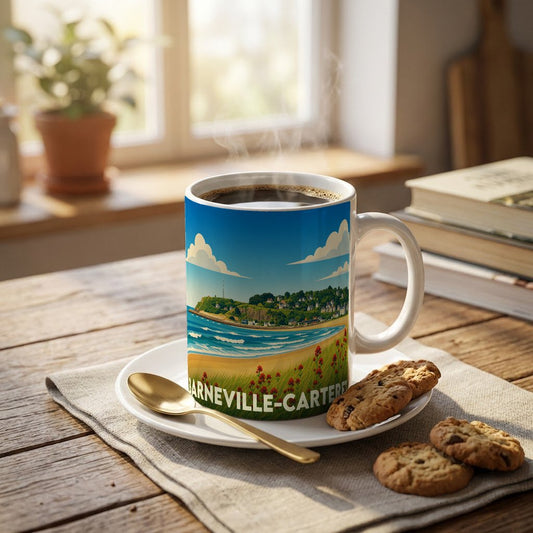 Mug souvenir de la ville de Barneville-Carteret avec une illustration côtière stylisée.