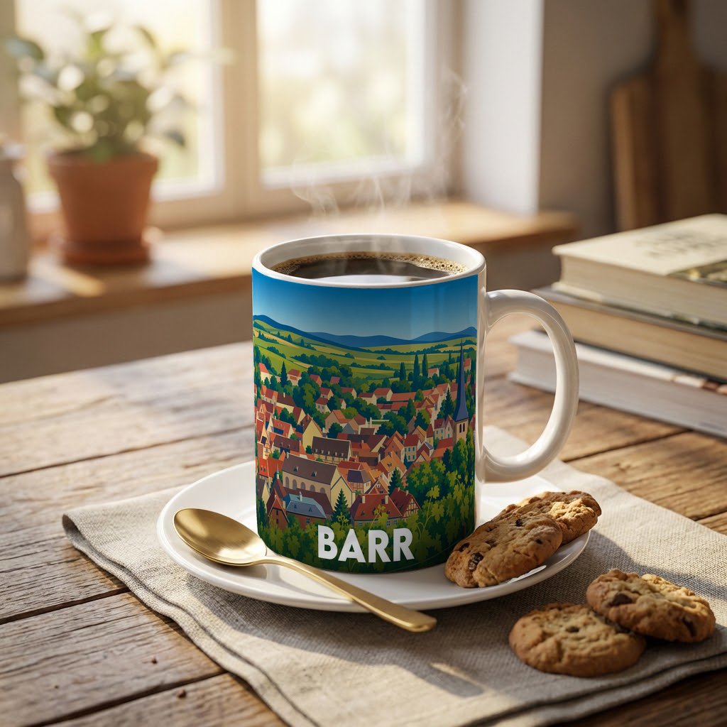 Mug souvenir de la ville de Barr avec une illustration stylisée de ses toits et collines.