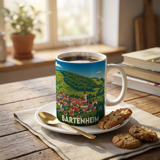 Mug souvenir de la ville de Bartenheim orné d'une illustration stylisée de son paysage urbain et verdoyant.