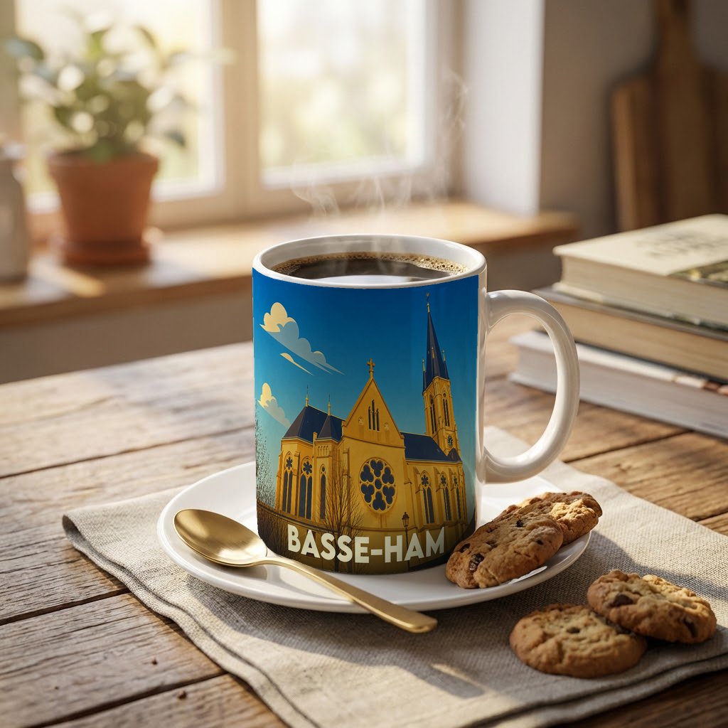 Mug souvenir de la ville de Basse-Ham illustré d'une église stylisée sous un ciel bleu.