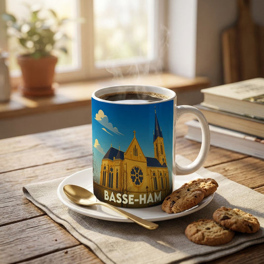 Mug souvenir de la ville de Basse-Ham illustré d'une église stylisée sous un ciel bleu.