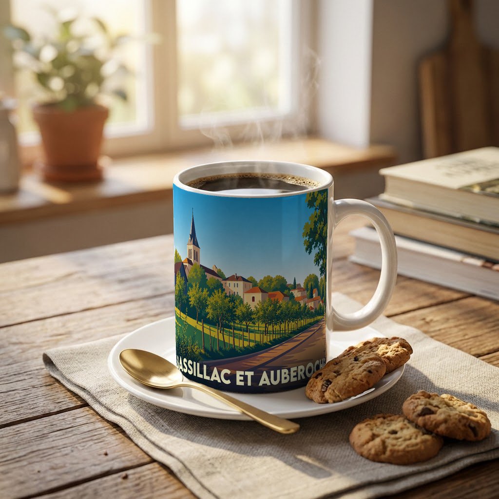 Mug souvenir de la commune de Bassillac et Auberoche avec une illustration stylisée d'un paysage de campagne.