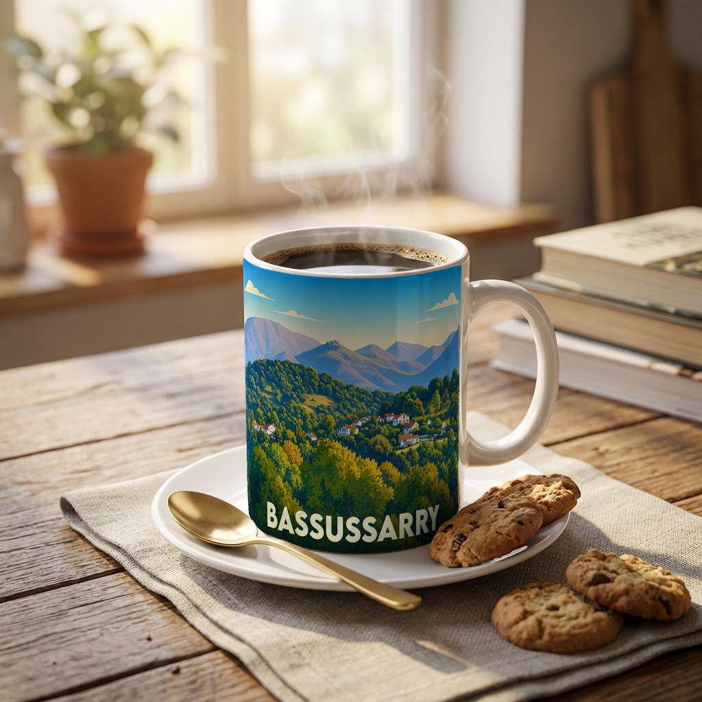 Mug souvenir de la ville de Bassussarry avec une illustration stylisée de paysages montagneux.