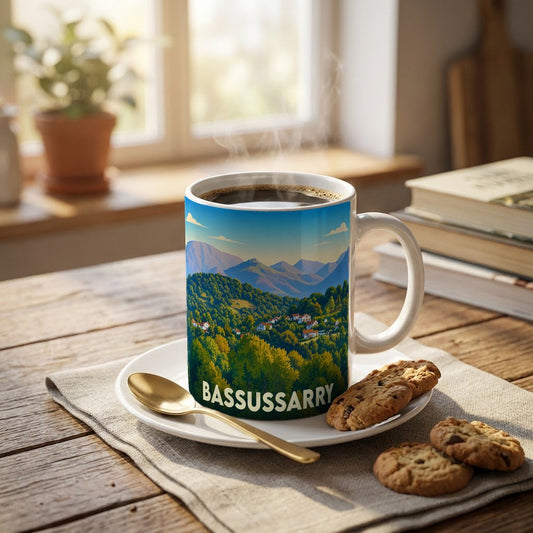 Mug souvenir de la ville de Bassussarry avec une illustration stylisée de paysages montagneux.