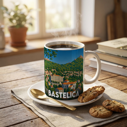 Mug souvenir de la ville de Bastelica avec une illustration stylisée de son paysage de montagne.