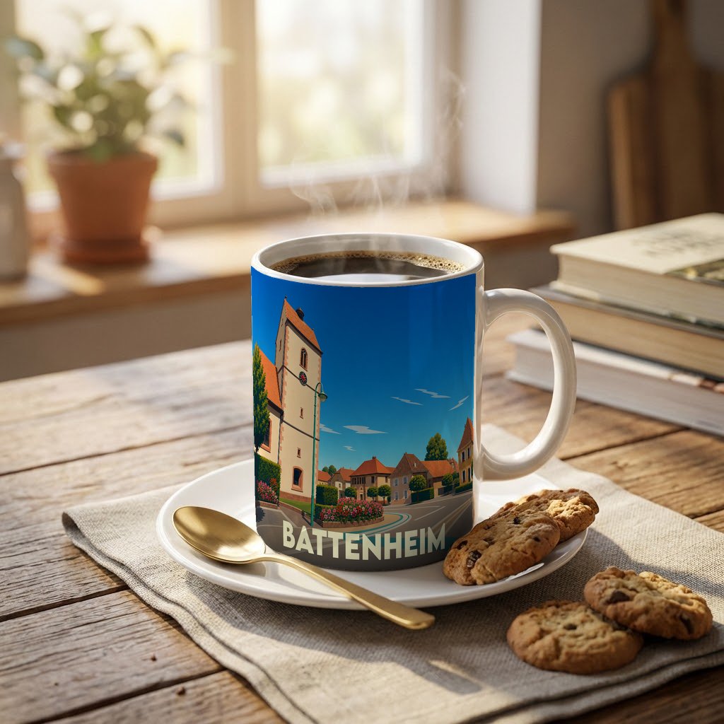 Mug souvenir de la ville de Battenheim avec une illustration stylisée.