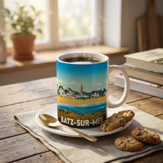 Mug souvenir de la ville de Batz-sur-Mer avec une illustration stylisée du littoral breton.