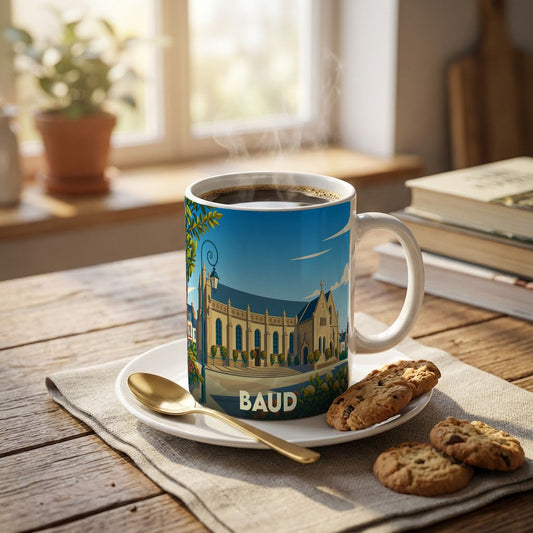 Mug souvenir de la ville de Baud orné d'une illustration stylisée de son église.