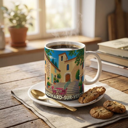 Mug souvenir de la ville de Baudinard-sur-Verdon avec une illustration stylisée d'une place provençale.