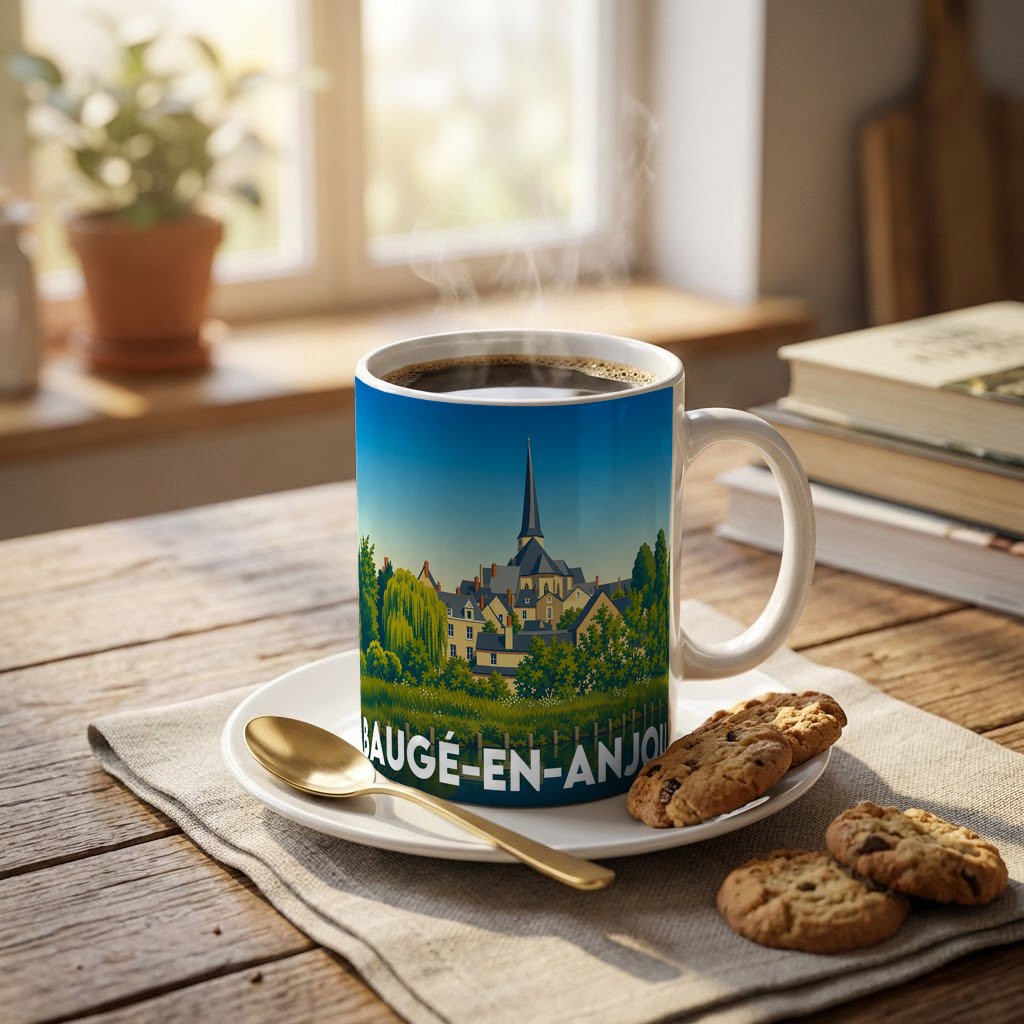 Mug souvenir de la ville de Baugé-en-Anjou avec une illustration stylisée.