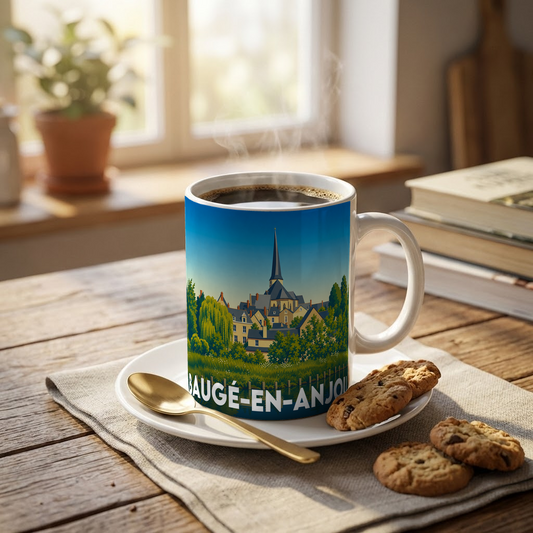 Mug souvenir de la ville de Baugé-en-Anjou avec une illustration stylisée.