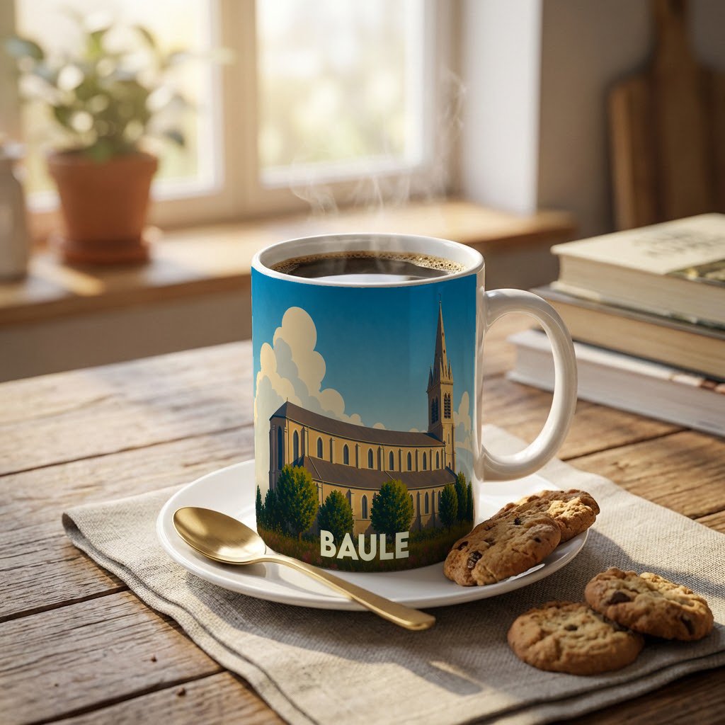 Mug souvenir de la ville de Baule avec une illustration stylisée de son église.