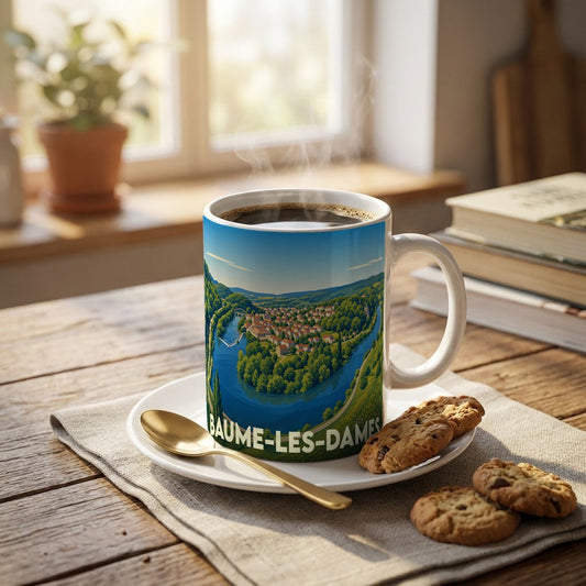 Mug souvenir de la ville de Baume-les-Dames orné d'une illustration panoramique et stylisée de la commune.