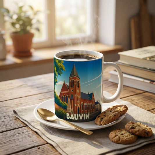 Mug souvenir de la ville de Bauvin avec une illustration stylisée de son église.