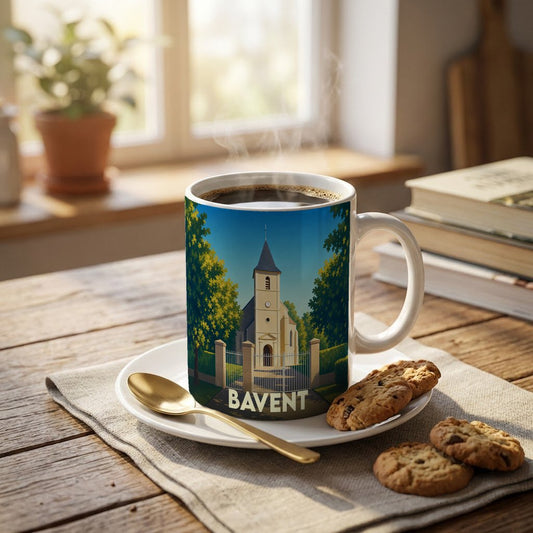 Mug souvenir de la ville de Bavent avec une illustration stylisée de son église.