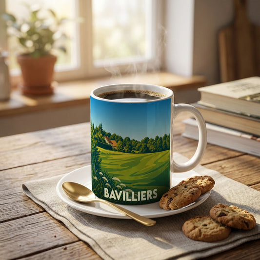 Mug souvenir de la ville de Bavilliers avec une illustration stylisée de paysages verdoyants.