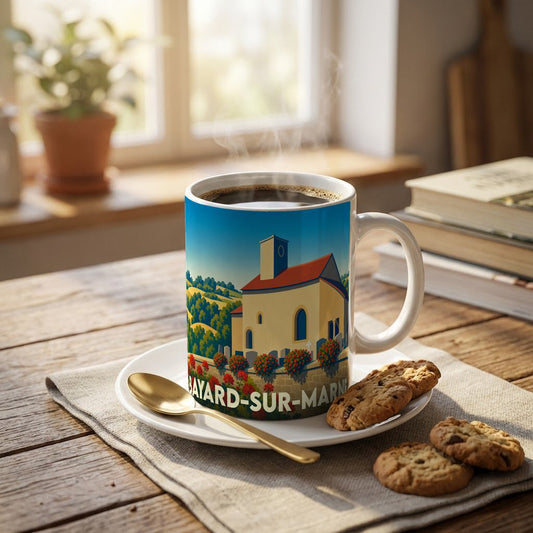 Mug souvenir de la ville de Bayard-sur-Marne orné d'une illustration stylisée de son église et de paysages vallonnés.