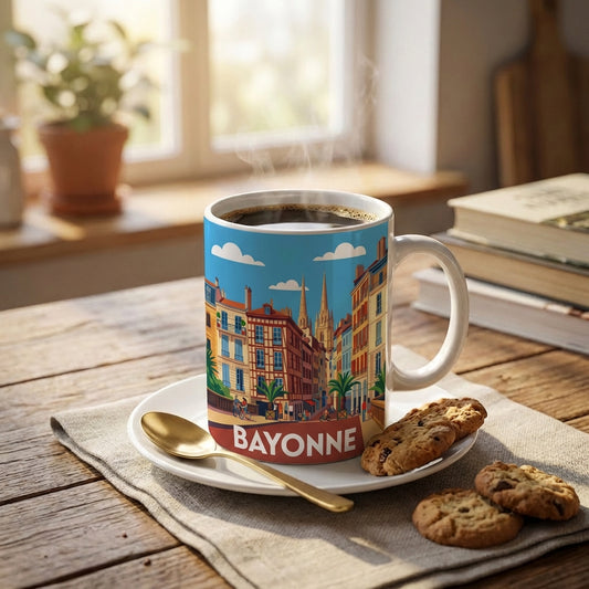 Mug souvenir de la ville de Bayonne avec une illustration stylisée.