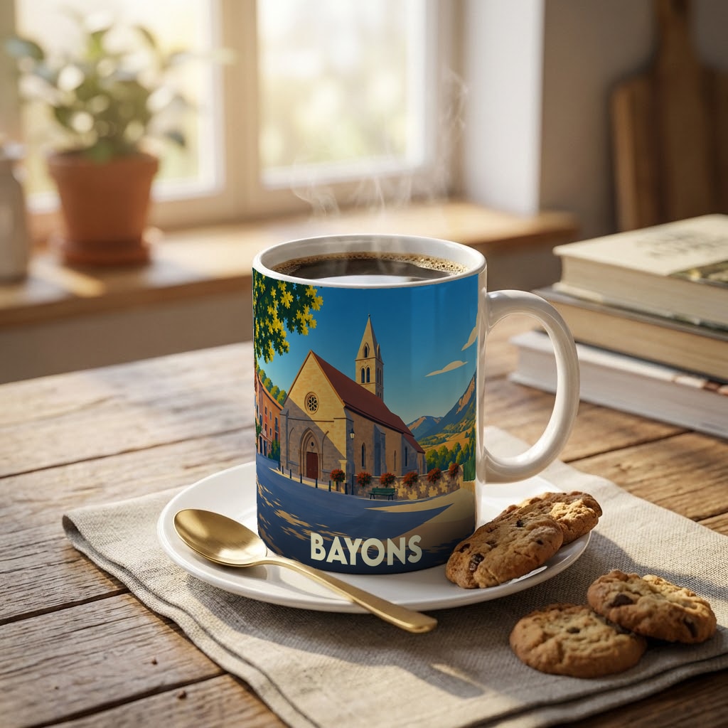 Mug souvenir de la ville de Bayons avec une illustration stylisée d'une église sous un ciel bleu.