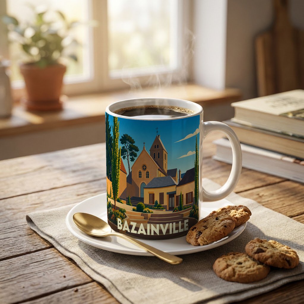Mug souvenir de la ville de Bazainville illustré d'un paysage urbain stylisé avec son église.