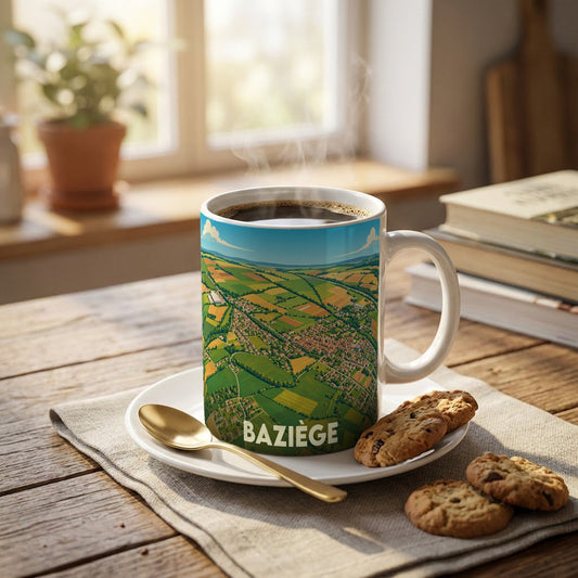 Mug souvenir de la ville de Baziège illustré d'un paysage aérien stylisé de la commune et de ses champs.