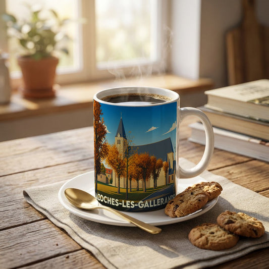 Mug souvenir de la ville de Bazoches-les-Gallerandes avec une illustration stylisée d'une église et d'arbres en automne.