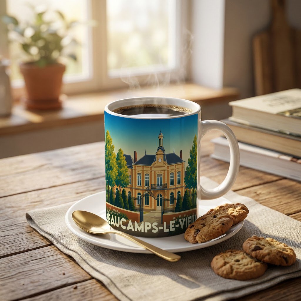 Mug souvenir de la ville de Beaucamps-le-Vieux orné d'une illustration stylisée de son hôtel de ville.