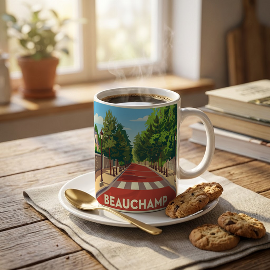 Mug souvenir de la ville de Beauchamp avec une illustration stylisée d'une avenue boisée.