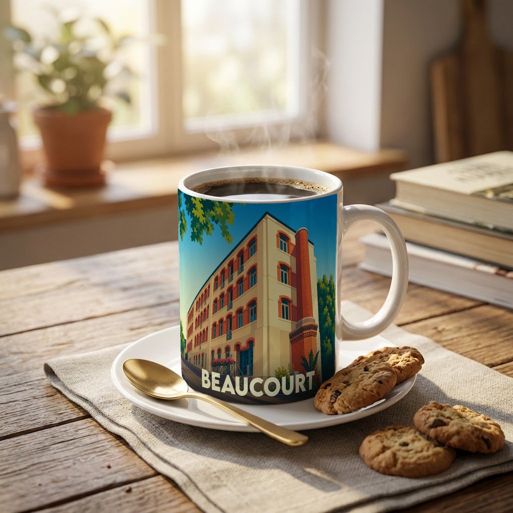 Mug souvenir de la ville de Beaucourt avec une illustration stylisée d'un bâtiment historique et de sa cheminée.
