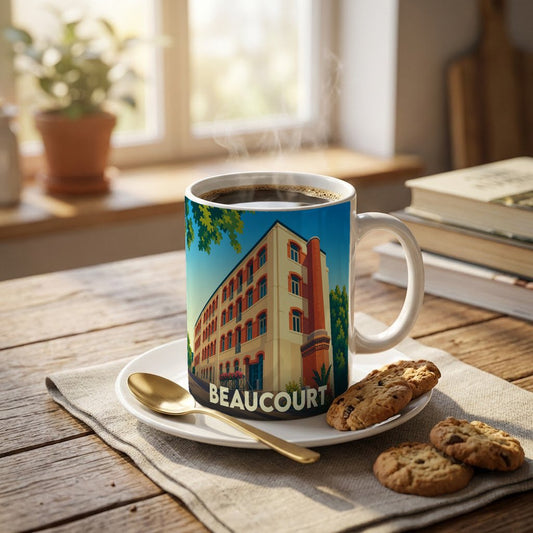 Mug souvenir de la ville de Beaucourt avec une illustration stylisée d'un bâtiment historique et de sa cheminée.