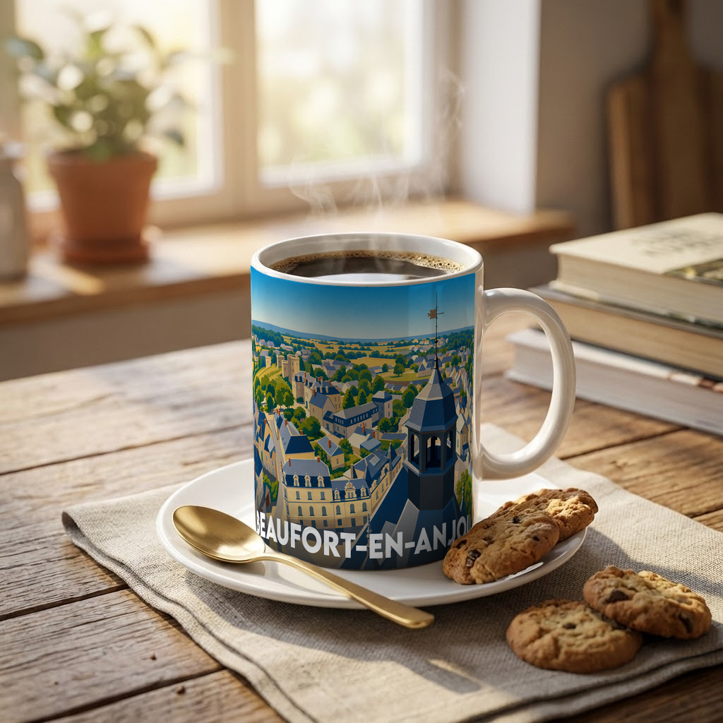 Mug souvenir de la ville de Beaufort-en-Anjou avec une illustration panoramique stylisée.
