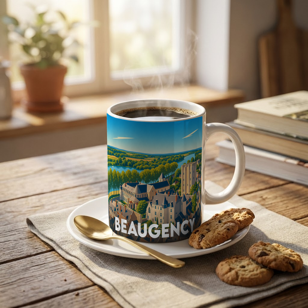 Mug souvenir de la ville de Beaugency orné d'une illustration stylisée de son paysage urbain et de la Loire.