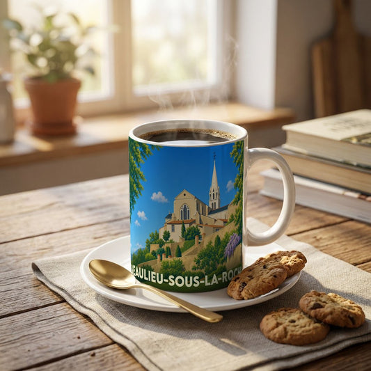 Mug souvenir de la ville de Beaulieu-sous-la-Roche orné d'une illustration stylisée de son église et de ses jardins.